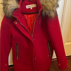 Nine West Vibrant Red Jacket with Faux Fur Trim
